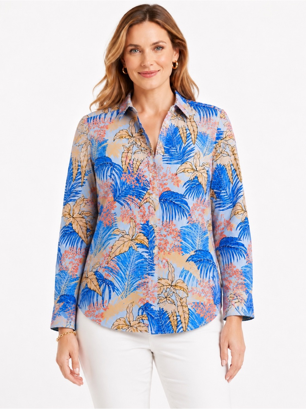 J.McLaughlin Blue Coral Tropical Botanical Print Shirt XL